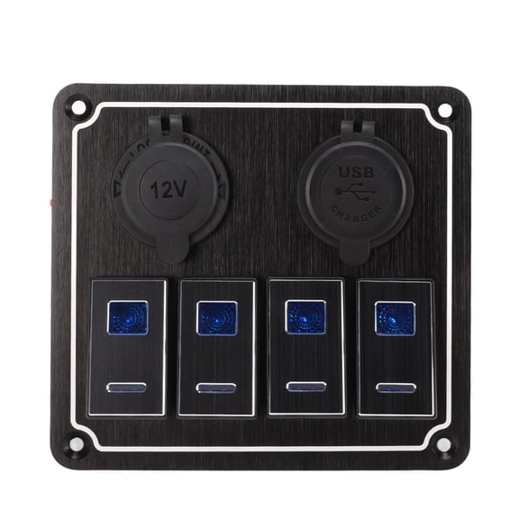 Suodoka 4 Gang Rocker Switch Panel 12-24V 5 Pin Blue Light Toggle On Off Switch Waterproof Metal Combination Overload Protection for Cars RV Trailer UTV Black