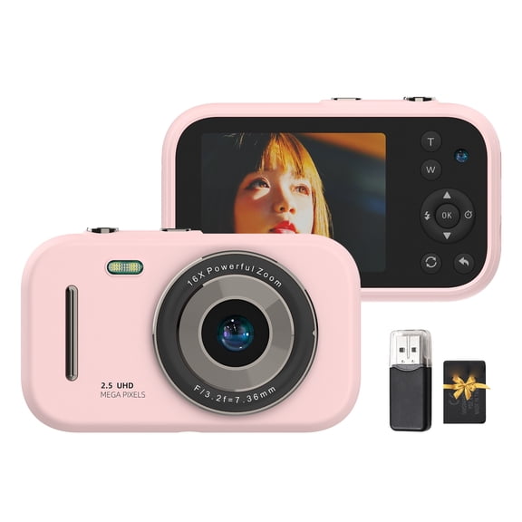 Suodoka 48MP 1080P Digital Camera for Students, 2.8 Inch IPS Screen, 16X Zoom, Portable Video Camcorder with 32GB Card, Pink