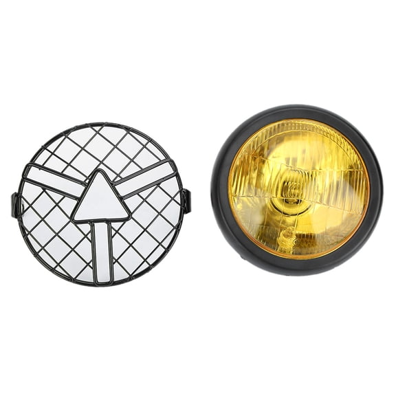 Suodoka 5.75 inches / 14.6 cm Universal Motorcycle Retro Grill Headlamp Front Headlight Yellow Lens 12V 35W Halogen For Custom Bikes Bobber Cafe Racers