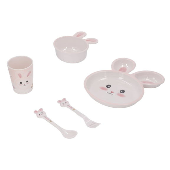 Suodoka 5-Piece Kids Dinnerware Set, Cartoon Rabbit Melamine Divided Plate, Bowl, Cup, Fork & Spoon, 10 inches / 25.4 cm