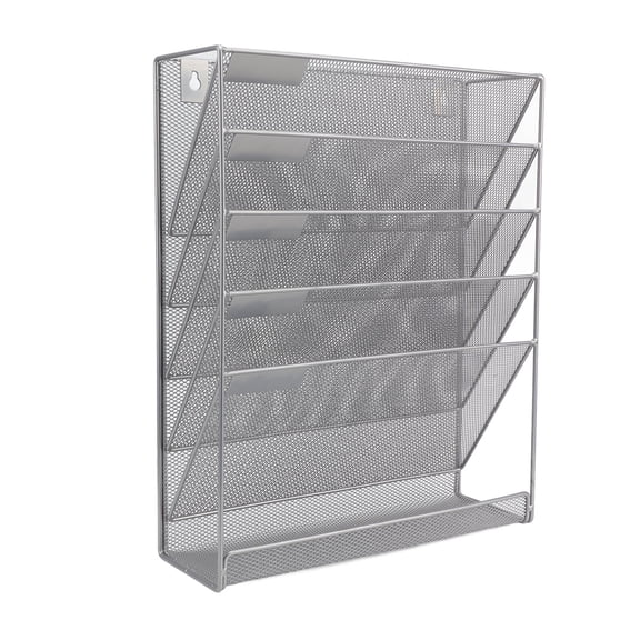 Suodoka 5 Tier Wall File Organizer Vertical Iron Mesh Wall Mount File Holder Silver Magazine File Rack and Document Sorter for Office Home Stationery Organization, 16.54 x 13.39 x 4.72 Inches
