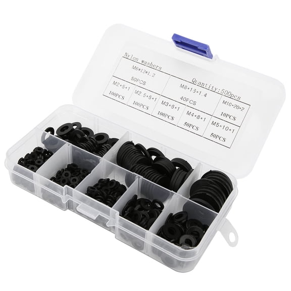 Suodoka 500 Pieces Black Nylon Washer Set M2 to M10 Assorted Flat Washers Hardware Fasteners Accessories for Home Repair