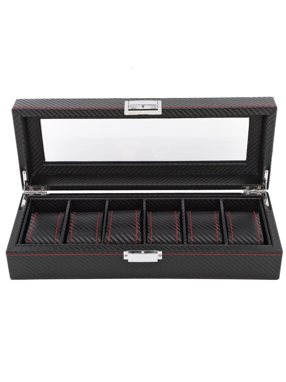 6 Slot Watch Box Travel Carbon Fiber PU Case Jewelry Display Storage Collector Organizer with Red Stitching (13 inches / 33 cm) Black
