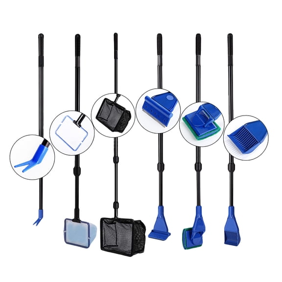 Suodoka 6in1 Fish Tank Cleaning Set Telescopic Handle, Gravel Rake, Algae Scraper, Net & Brush for Aquariums