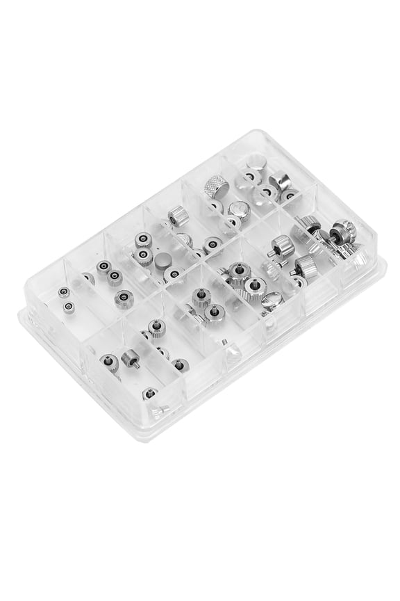 60 Pieces Stainless Steel Watch Crown Kit Chronograph Button Replacement Parts, 12 Assorted Models Watchmaker Repair Tool Accessories with Storage Box (3.94 inches / 10 cm), Silver