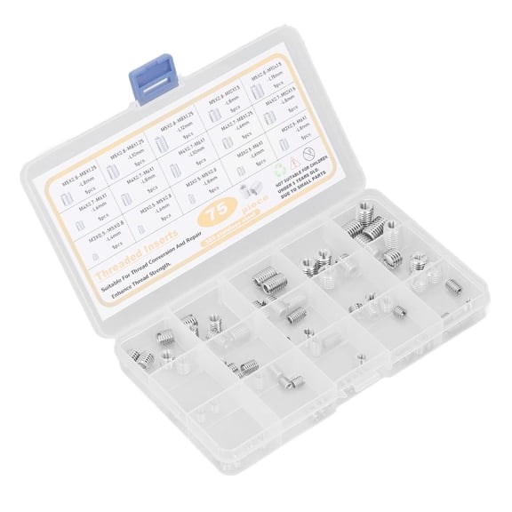 Suodoka 75PCS Threaded Insert Stainless Steel Silver Wear Resistant Internal Thread Nut Kit M3 M4 M5 M6 M8 M10 Hardware Nuts Assortment Set with Storage Box for Repair (7.09 in / 18 cm)