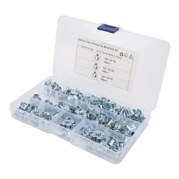 Suodoka 80 Pcs 1/4 Inch T Nut 4 Prong Tee Blind Nuts Kit Carbon Steel Assortment for RV Furniture
