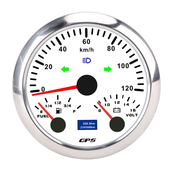 Suodoka 85mm (3.37 in / 85 mm) GPS Speedometer Odometer 3 in 1 Voltmeter Fuel Level Gauge 120KM/H 7 Color Backlight for RV Boat Truck, White Dial Silver Bezel
