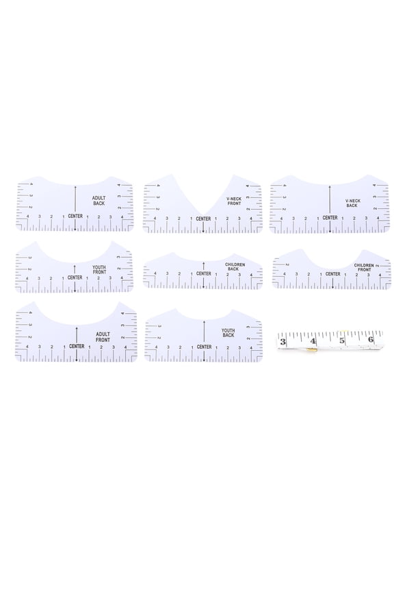 9-Piece T-Shirt Alignment Tool Guide Set, PVC Center Design Ruler Template & Soft Tape Measure for Sewing Lovers, Adults, Youth, Toddler & Infant Crafts (10.24 inches / 26 cm)