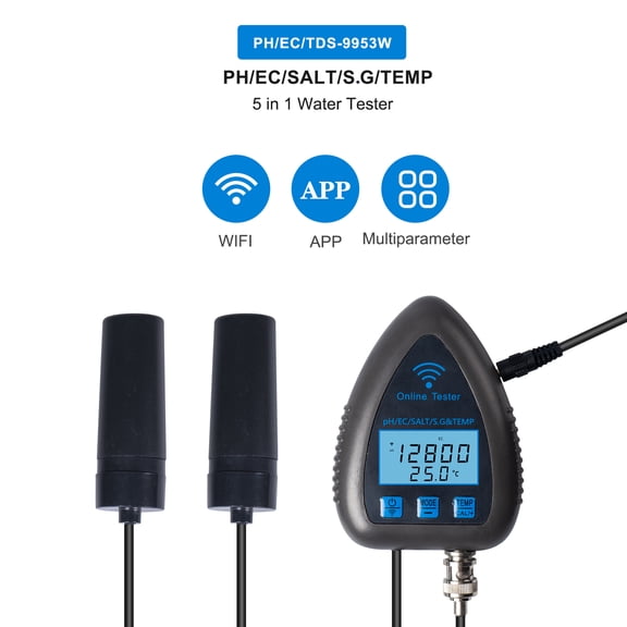 Suodoka 9953W Bluetooth WiFi Digital Water Quality Tester Mini 5-in-1 Analyzer PH/EC/SALT/S.G/Temperature APP Remote Monitoring Alarm EU Plug