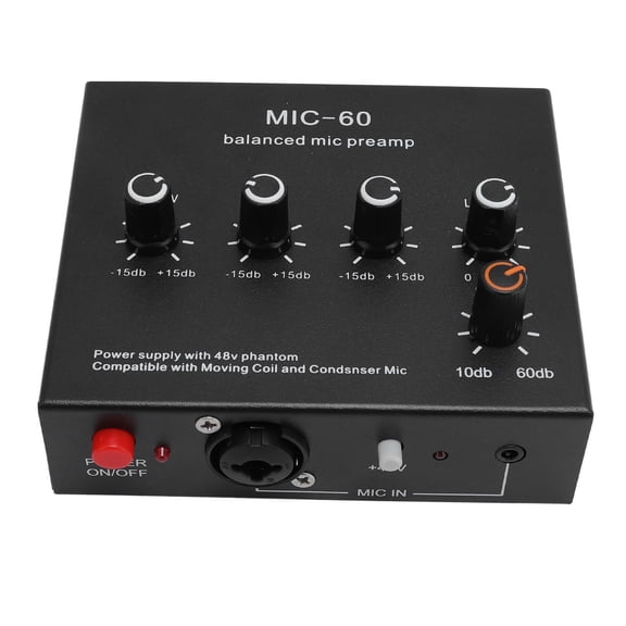 Suodoka Black Reference-Class Microphone Preamplifier 60dB High Gain 48V Phantom Power 3.5mm 6.35mm XLR Inputs for Dynamic Condenser Mic US Plug