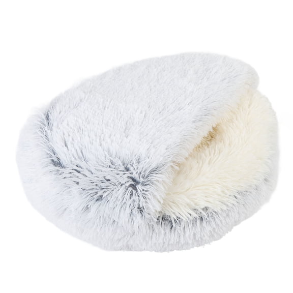 Suodoka Cat Cave Bed Soft Cozy Semi Enclosed Enhanced Safety Removable Round Pet Calming Bed for Home Indoor Faux Fur Plush, Grey, 21.65 inches / 55 cm