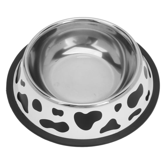 Suodoka Cute Cow Pattern Round Stainless Steel Pet Feeder Bowl with Protective Non-Slip Rubber Base Ring for Small Dogs and Cats, Heavy Duty Rustproof Food and Water Dish, 7.1 inches / 18 cm