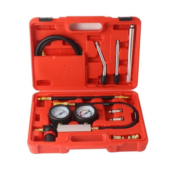Suodoka Cylinder Leak Down Tester, Gasoline Engine Compression Dual Gauge Diagnostic Tool Kit for Automotive Pressure Check & Leakage Rate Test, Includes 18-inch Hose & Extension Rods, Red