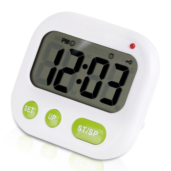 Suodoka Digital Alarm Clock with Music and Vibration, LCD Display Kitchen Timer with Backlight, Dual Alarms, Battery Operated Portable Clock for Heavy Sleepers and Travel, White