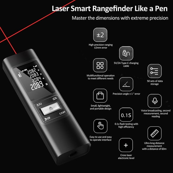 Suodoka Handheld Laser Distance Meter 60m / 196ft High Precision Digital Measurement Tool with Display Rechargeable Aluminium Alloy Shell for Construction Field Indoor Space Measurement Black