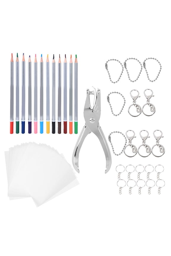 Heat Shrinkable Film Set with 12-Color Pencils Hole Puncher and Keychains DIY Craft Material Kit for Making Custom Brooches and Art Projects 20145-1#