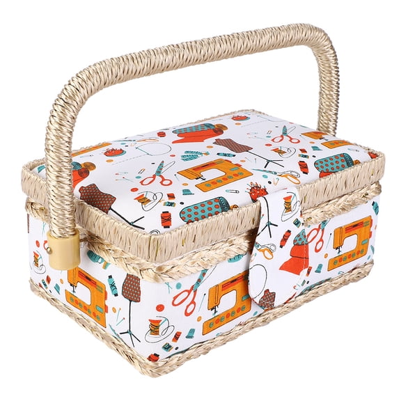 Suodoka Household Fabric Craft Handmade Sewing Basket Thread Needle Storage Box Organizer, Portable Double-layer Orange Sewing Storage Box with Plastic Tray, 7.5 x 5.1 x 3.9 inches / 19 x 13 x 10 cm