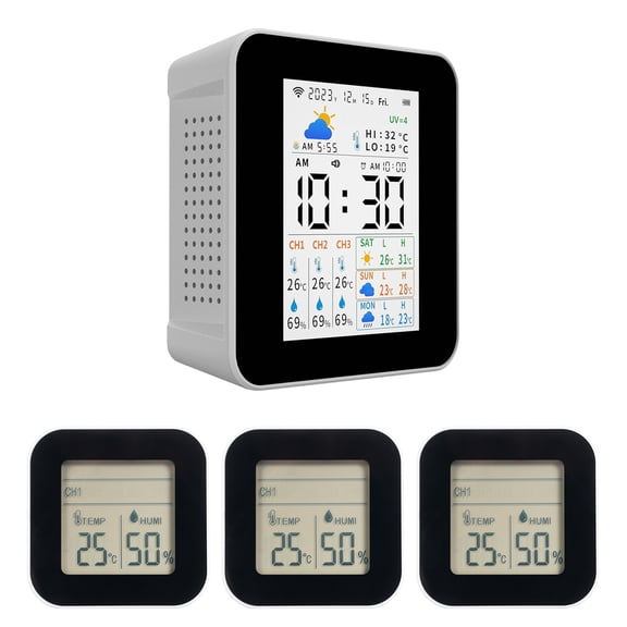 Suodoka Indoor Outdoor Wireless Tuya Weather Station with 3 Sensors, Humidity & Temperature Meter, Forecast Monitor, Alarm Clock