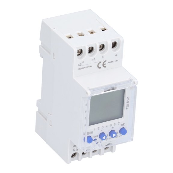 Suodoka Intelligent Time Control Switch Guide Rail Timer Power Supply Electrical Switches DC12V Dual Channel Output LCD Display with Built-In Battery TM612 for Industrial Distribution Equipment