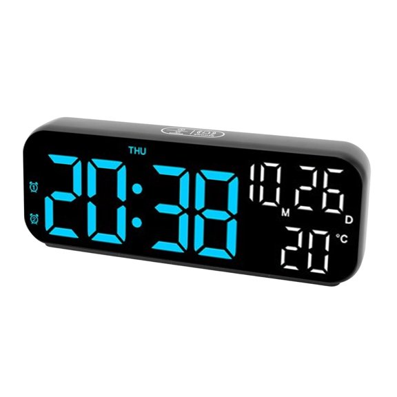 Suodoka LED Digital Clock Dual Display Voice Control 3 Adjustable Brightness Date Temperature Display Countdown Electronic Alarm Clock Black with Blue Lamp for Home Bedroom Desk (6.9 in / 17.5 cm)