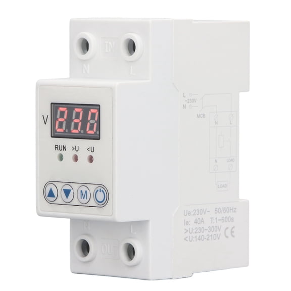 Suodoka LED Single Display Automatic Reset Voltage Protector Intelligent Adjustable Over Voltage Under Voltage Protective Device 230V AC 40A for Electrical Safety