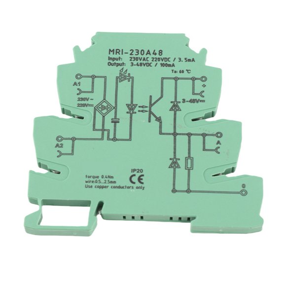Suodoka MRI-230A48 6.2mm Ultra Thin Coupling Isolation Protection PLC Relay Module 220V DIN Rail Installation, Yellow LED Indicator, 5-48V DC Output For Industrial Electrical Systems / 0.24 inches