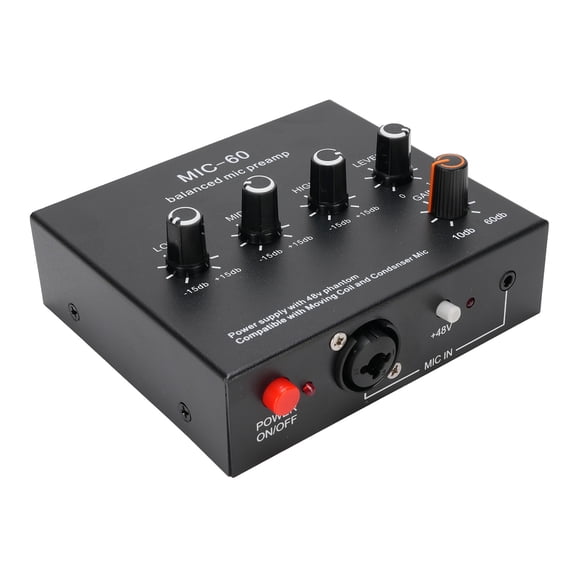 Suodoka Microphone Preamp Mic Gain Booster 48V Phantom Power Supply Pre Amplifier for Dynamic Condenser XLR 3.5mm 6.35mm Inputs Outputs with 3.5mm Audio Cable Black
