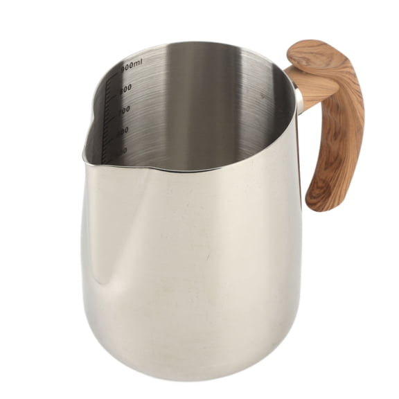 Suodoka Milk Frothing Cup Inner Scale 304 Stainless Steel Dripless Spout Coffee Steaming Pitcher with Wood Style Handle 1000ml / 33.8 oz