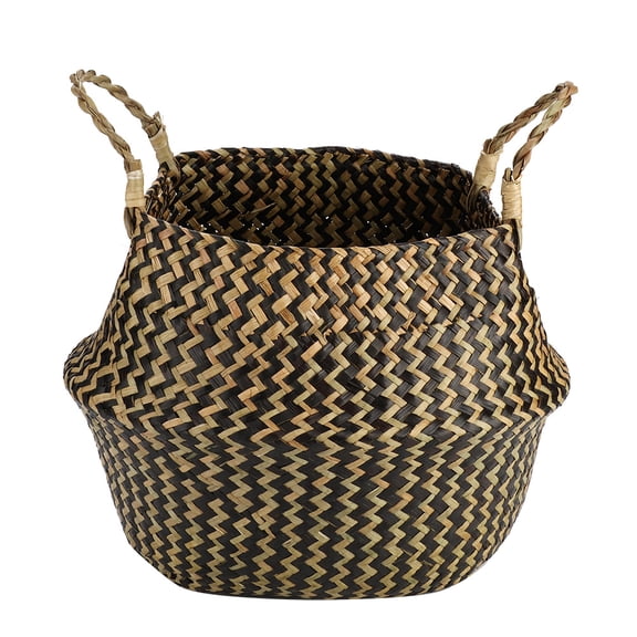 Suodoka Natural Seagrass Foldable Woven Storage Basket Clothes Organizer Decorative Plant Flower Pot for Laundry Toys Picknick Beach with Handles, Black, 12.6 inches / 32 cm