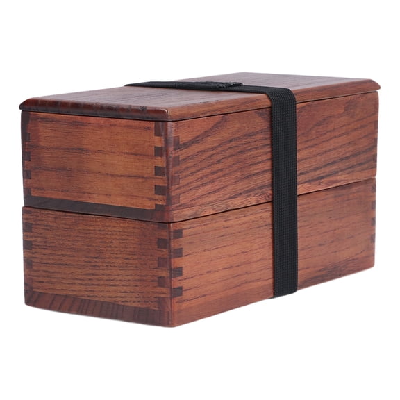 Suodoka Natural Wooden Bento Box Rectangular Stackable 2 Layer Lunch Box for Adults Japanese Sushi Food Container with 3 Pcs Cutlery and Fixing Strap, 3.6x7.1x3.9 Inches