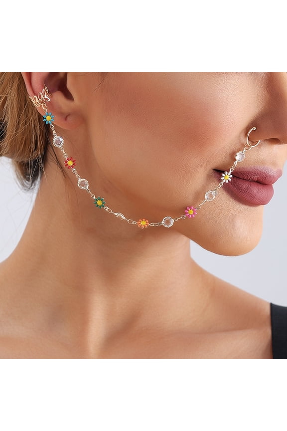 Nose to Ear Ring Chain Hoop Fake Piercing Body Jewelry for Women Girls Gold One Size 12 inches / 30.5 cm