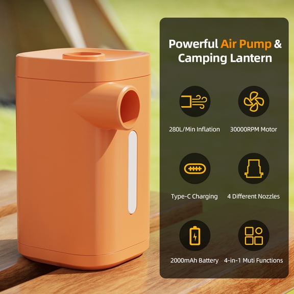 Suodoka Portable Electric Air Pump for Inflatables, 2000mAh Battery Powered, 50W Type-C Rechargeable with LED Lantern, for Air Mattress, Pool Floats, Orange (3.74 inches / 9.5 cm)