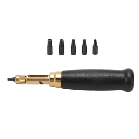 Suodoka Pro Leather Screw Hole Punch Automatic Rotary Tool Set with Wood Handle, Includes 6 Replaceable Muti-Size Tip Cutters for DIY Belt Hole Making & Leathercraft, 5.5 inches / 14 cm Length, Black