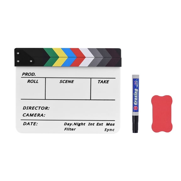 Suodoka Professional Acrylic Clapboard Dry Erase TV Film Movie Director Cut Action Scene Clapper Board Slate With Marker Pen Eraser 11.8 inches / 30 cm Multicolor
