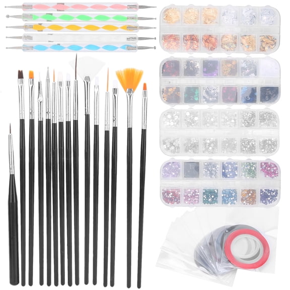 Suodoka Professional Nail Art Tool Set with 15pcs Painting Brushes 5pcs Dotting Pens 10 Colors Striping Tapes and 4 Boxes Rhinestones Foil Butterfly Sequins Decorations Kit (8.27x5.91x1.57 inches)