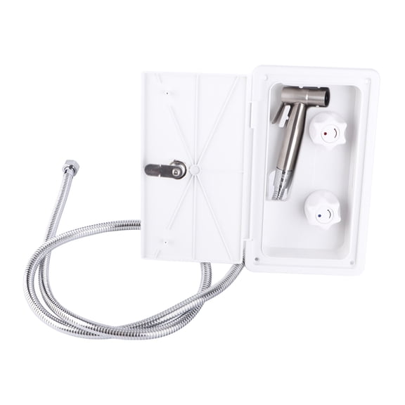Suodoka RV Exterior Shower Box Kit Dual Valve Cold Heat Double Control with Metal Hose Spray Head Lock Keys 1/2in 11.8 inches / 30 cm Outdoor Shower Box Exterior Faucet Replacement Part