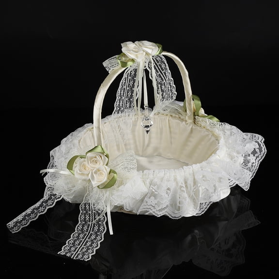 Suodoka Romantic Lace Flower Girl Basket Bamboo Satin Bowknot Bridal Baskets for Wedding Party Decor (9.06 inches / 23 cm)