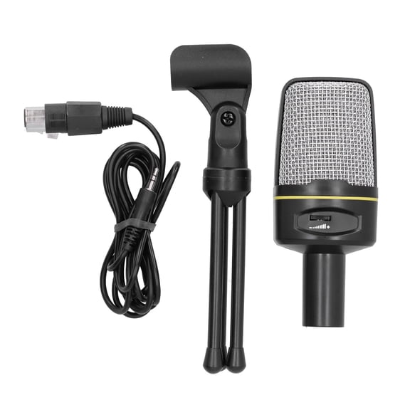 Suodoka Studio Recording Condenser Microphone Kit with Desktop Tripod Stand, 3.5mm Audio Port, Volume Control, Omnidirectional Pattern, Black, 10 inches / 25.4 cm