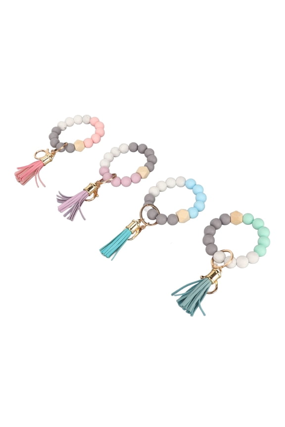 Suodoka Sweet Candy Pastel Colored Silicone Bead Wristlet Keychain Bangle Bracelet with Elegant Tassel Fringe Accent for Keys Purses Handbags House Car Keys 4-Piece Set (7.48 in / 19.0 cm)