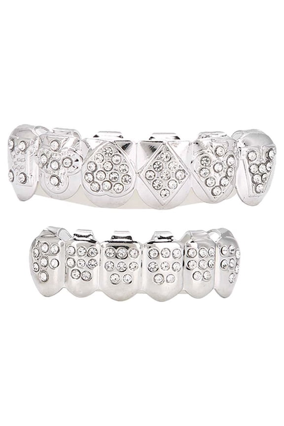 Teeth Set Hip Hop Prop Accessory Decoration for Halloween Party Gift, Pave Cubic Zirconia Top & Bottom Grillz Kit, 3.94 inches / 10 cm, Silver Color Design