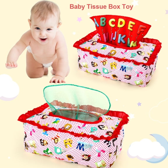 Suodoka Tissue Box Baby Toy Montessori Toys for 6 to 12 Months Sensory Pull Along Soft Fabric Toy with Crinkle Papers and Silk Scarves (7.7 inches / 19.5 cm)