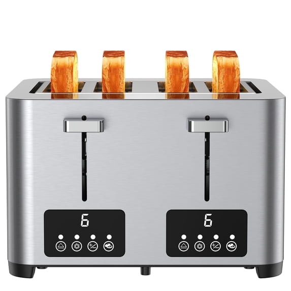 Suodoka 4 Slice Toaster with Touchscreen, Stainless Steel Bread Toaster, 6 Browning Settings, Wide Slots, Reheat, Cancel and Defrost Functions