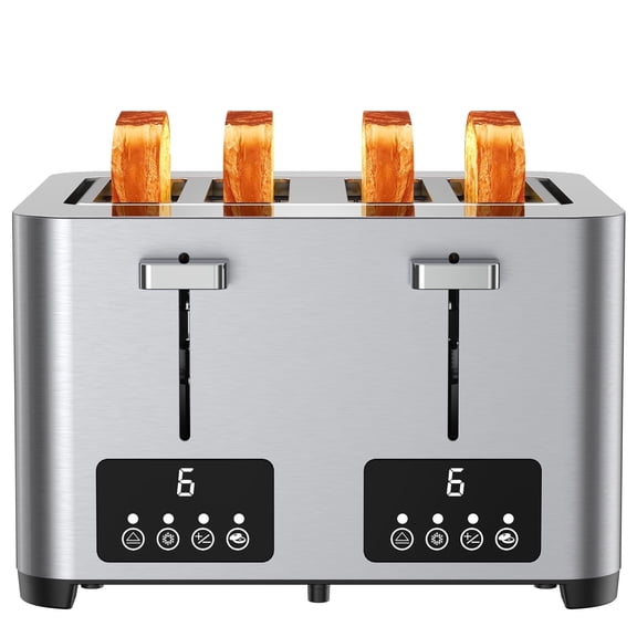 Suodoka 4 Slice Toaster with Touchscreen, Stainless Steel Bread Toaster, 6 Browning Settings, Wide Slots, Reheat, Cancel and Defrost Functions