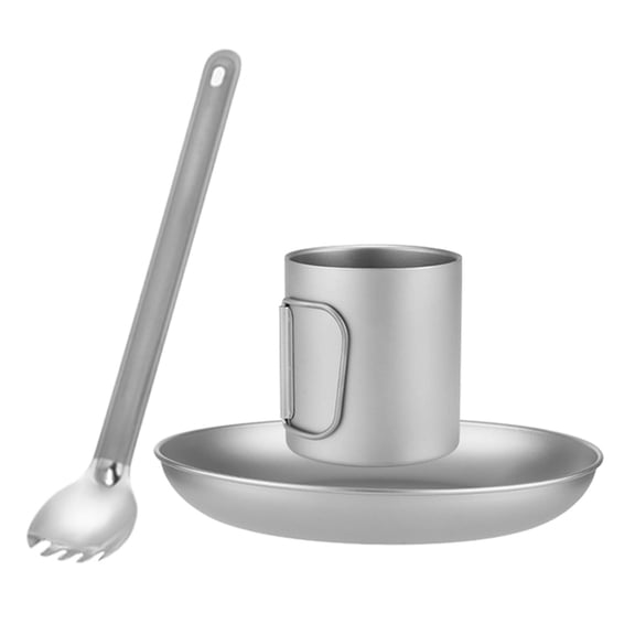 Suodoka UltraLight Titanium Camping Set 3Piece Mug, Plate & Spork, 450ml Water Bottle, 800ml Dinner Plate, Foldable, AllTitanium, Portable
