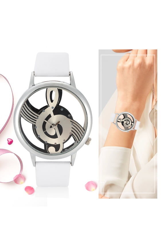 Unisex Quartz Analog Couple Watch with Hollow Musical Note Dial, PU Leather Strap Casual Wristwatch, 1.5 inches / 38 mm, White