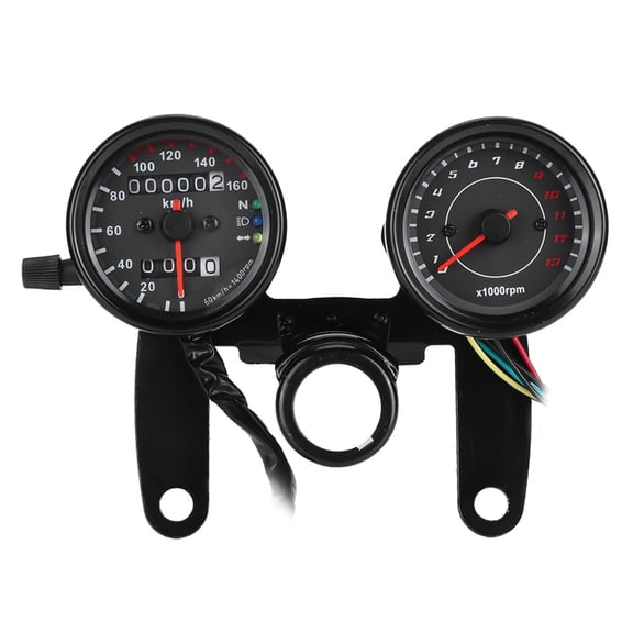 Suodoka Universal 12V Motorcycle Speedometer & Tachometer Gauge (0-160 Km/h / 0-100 MPH, 13000 RPM) with LED Backlight - Black Stainless Steel Instrument Odometer with Sensor