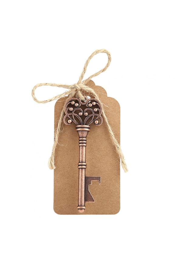 Vintage Key Shape Bottle Opener Party Favors Set of 12, Antique Copper Metal Keychains with Escort Tags and Hemp Rope for Wedding, Bridal Shower, Birthday Decorations (3 inches / 7.5 cm)