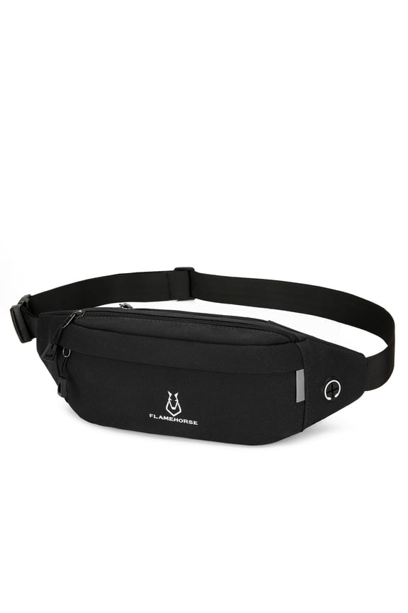 Waterproof Waist Pack Oxford Cloth Fanny Pack Crossbody Bag with Headphone Jack for Jogging Hiking, 3 Zipper Pockets, 13.78 inches / 35 cm, Adjustable Strap, Classic Black Design
