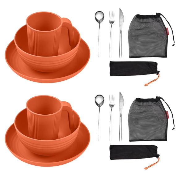 Suodoka Wheat Straw Camping Mess Kit for 2, Portable Outdoor Utensils Set with Bowl, Plate, Cup, Fork, Knife, and Spoon - Reusable Picnic and Backpacking Tableware Essentials, Orange